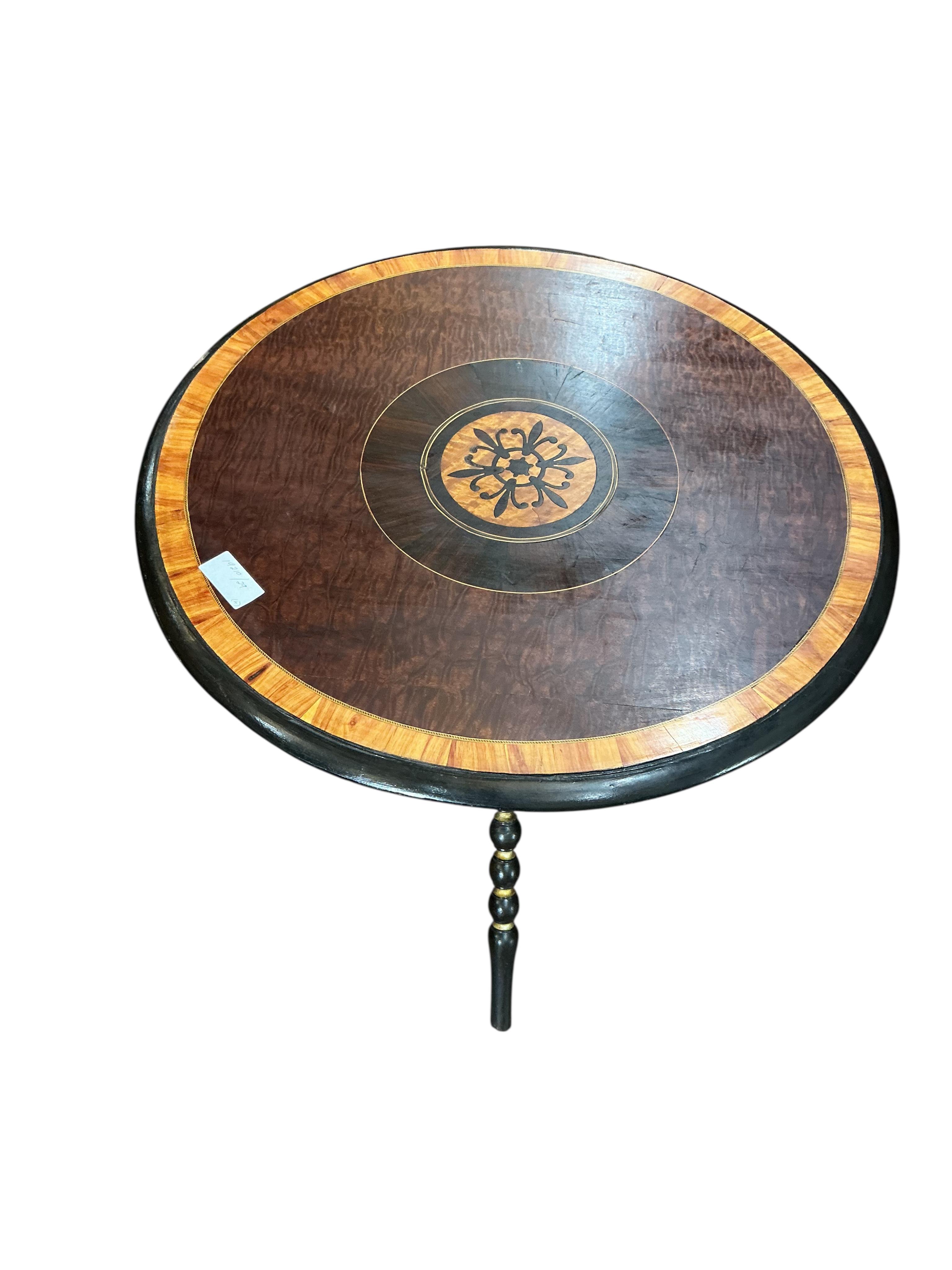 An early 19th century circular oak tripod wine table, diameter 36cm, height 64cm together with a carved step/stool, an inlaid table and one other